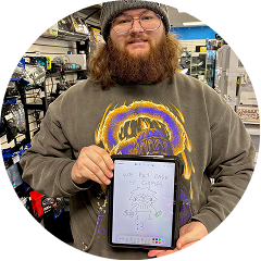 Another happy customer holding a tablet