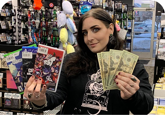 Woman inside a game store holding several video games in one hand and cash in the other