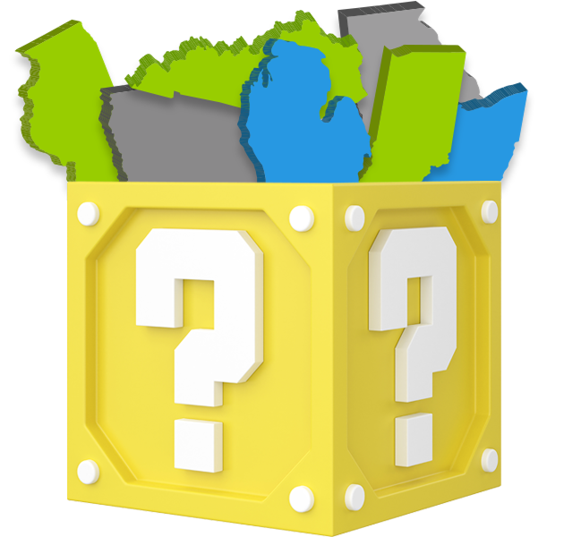 Yellow mystery box with colorful U.S. state silhouettes